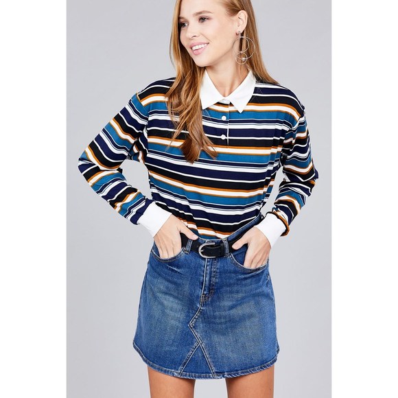 Ladies fashion plus size long sleeve multi striped dty brushed shirts - Picture 3 of 8